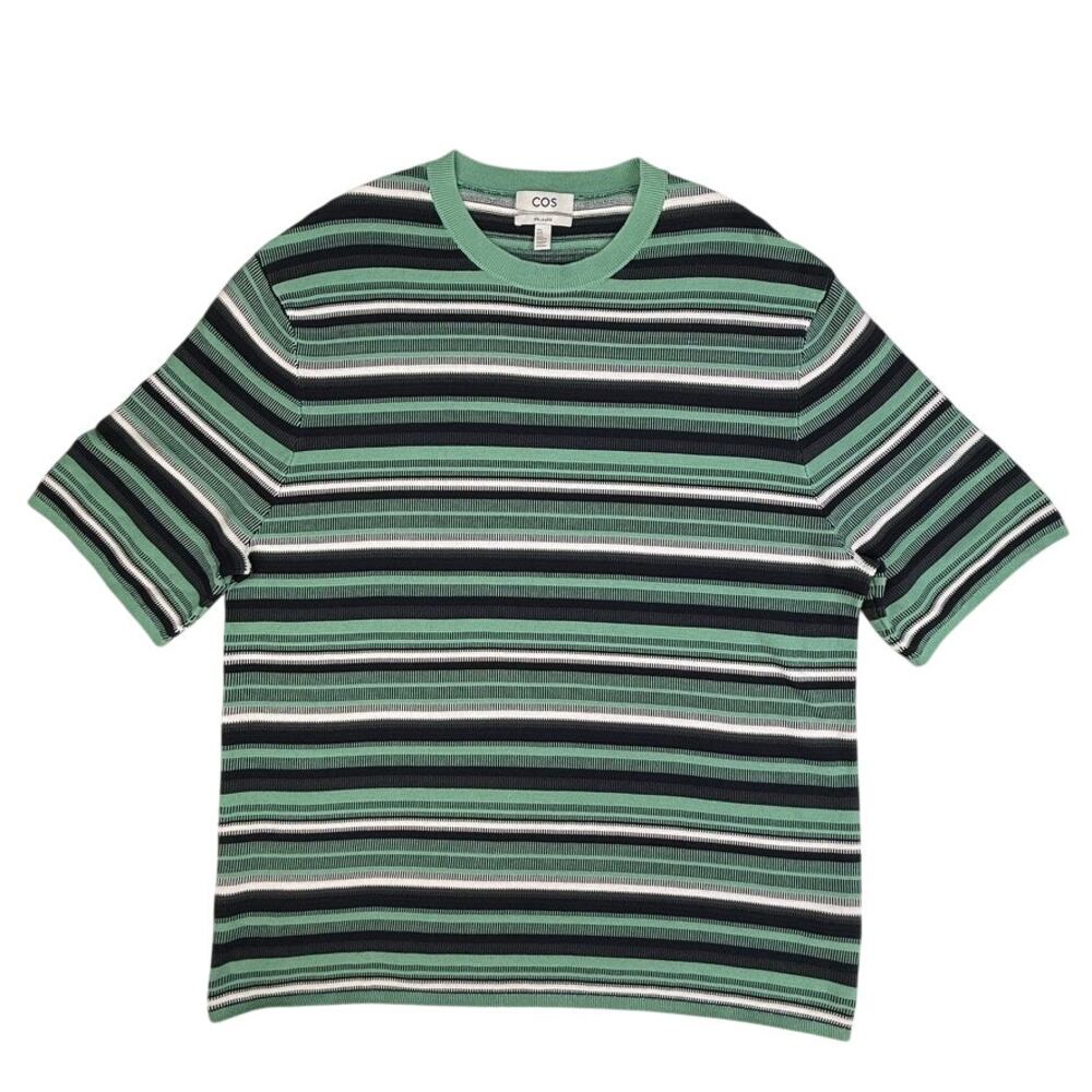 COS Mens XL Fine Gauge Knit T Shirt Green Black White Striped Relaxed Cotton